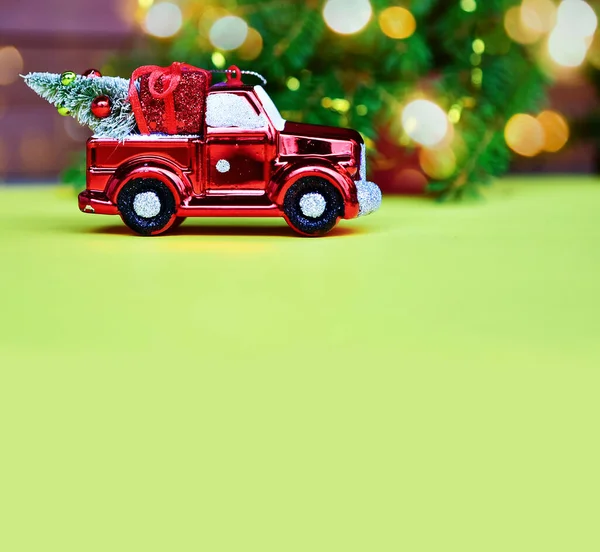 Red Toy Car Delivering Christmas New Year Gifts Christmas Tree — Stock Photo, Image