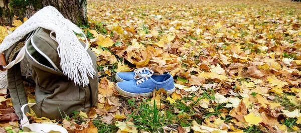Рюкзак Теплый Шарф Синие Натуральные Кроссовки Открытом Воздухе Осенью Природа — стоковое фото