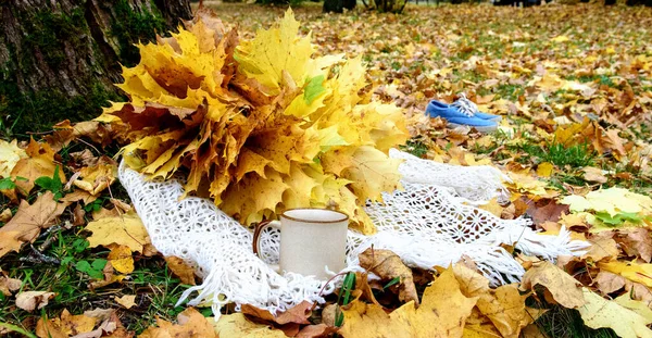 Ceramiczny Kubek Jesiennych Liściach Biały Wełniany Szalik Temat Jesieni Ciepła — Zdjęcie stockowe