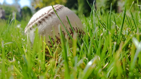 コピースペースクローズアップと新鮮な緑の草の上に白い古い野球ボール。アメリカのスポーツ野球の試合. — ストック写真