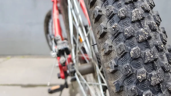 Nahaufnahme Des Hinteren Rades Eines Geparkten Mountainbikes Rückansicht Altes Fahrrad — Stockfoto