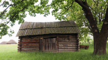 Ukrayna, Kiev - 11 Haziran 2020. Köyde sazdan çatılı bir çatısı olan Ukrayna 'daki eski bir ev ya da ahır. Ukrayna 'nın farklı bölgelerinin açık havasında Pirogovo Müzesi