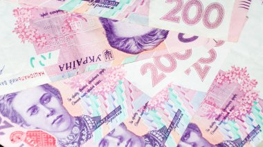 200 Hryvnia değerinde Ukrayna banknotlarının geçmişi. Çok para. Yukarıdan bak. Hryvnia Ukrayna 'da ulusal para birimidir..