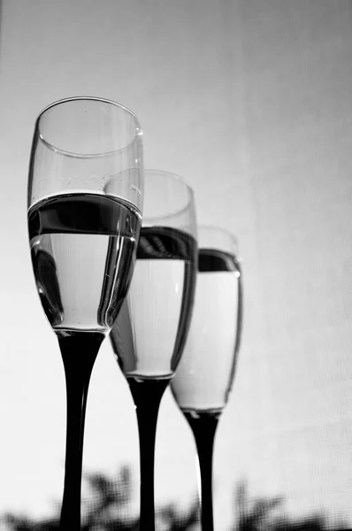 Vitrinde boş şarap kadehleri, siyah beyaz fotoğrafçılık.