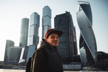 Man on the background of Moscow city