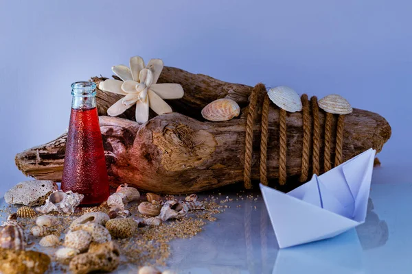 glass of bottle with fresh red juice, shells and old log on background, sea and holidays concept