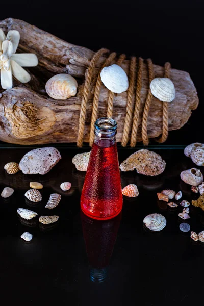 glass of bottle with fresh red juice, shells and old log on background, sea and holidays concept