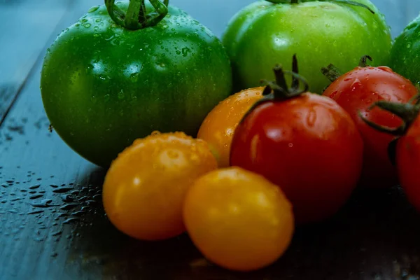 Ainda Vida Com Tomates Vermelhos Verdes Amarelos Frescos Recém Colhidos — Fotografia de Stock