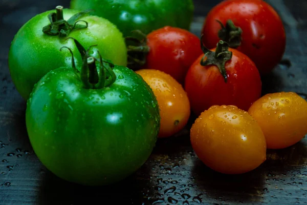 Ainda Vida Com Tomates Vermelhos Verdes Amarelos Frescos Recém Colhidos — Fotografia de Stock