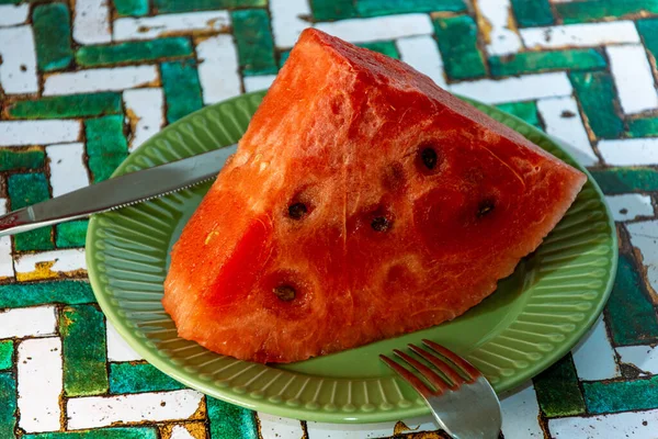 Closeup Slice Watermelon Plate — Stock Photo, Image