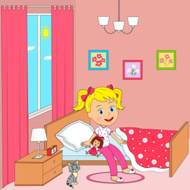 Kız uyan yatak odası, illüstrasyon, vektör