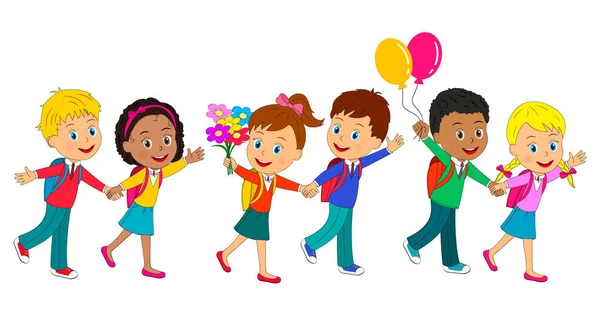 Niños Niños Niñas Van Escuela Ilustración Vector — Vector de stock