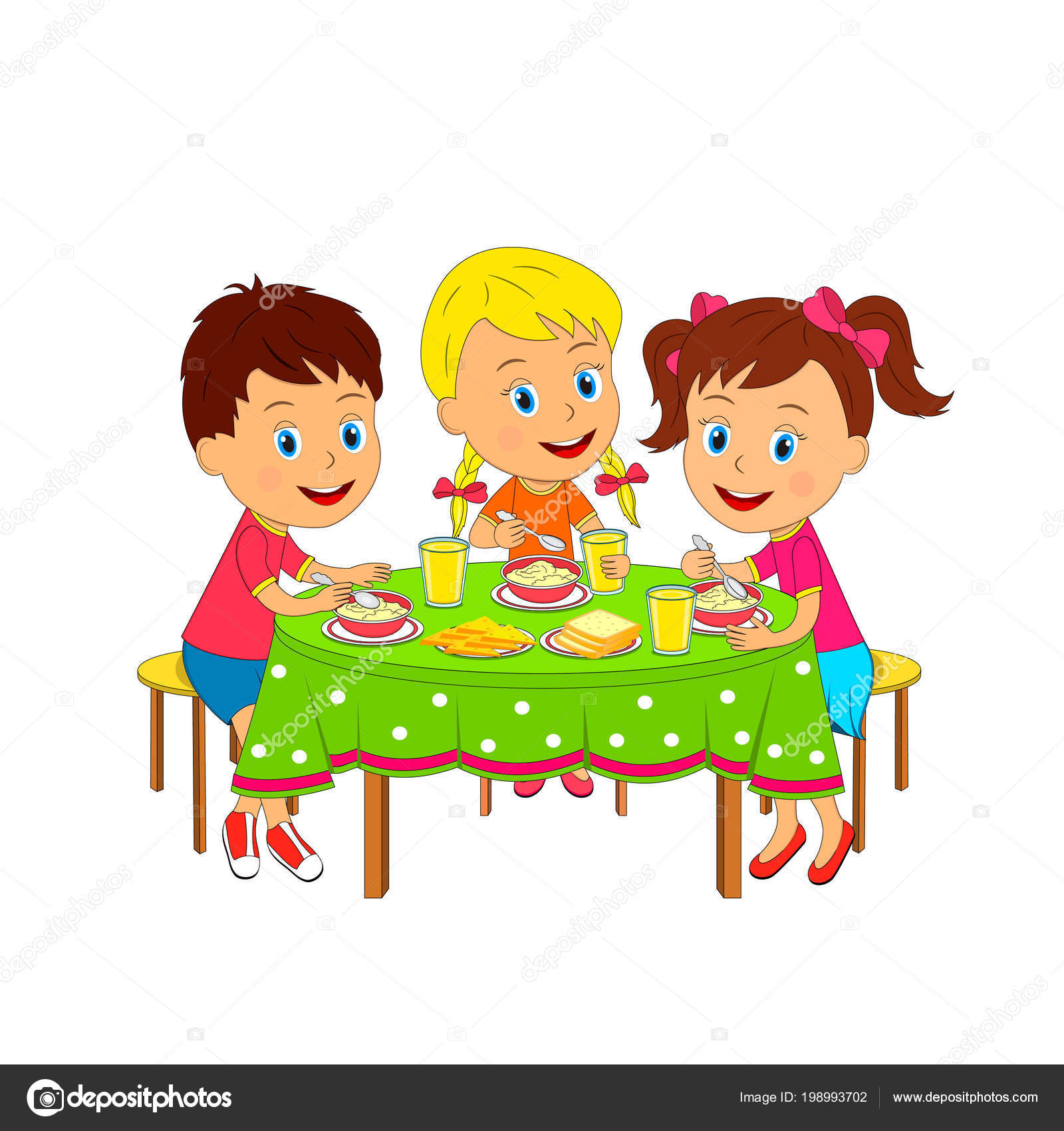 Kids Boy Girls Sitting Table Eating Illustration Vector Stock Vector Image By Iris828 198993702