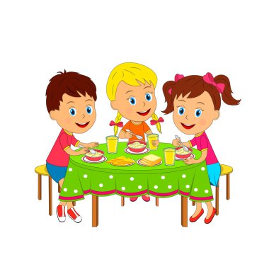 Çocuklar, çocuk ve kız oturan tablo ve yeme, illüstrasyon, vektör