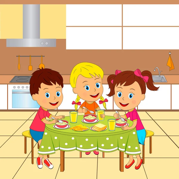 Kids Boy Girls Kitchen Sitting Table Eating Illustration Vector — Stock Vector