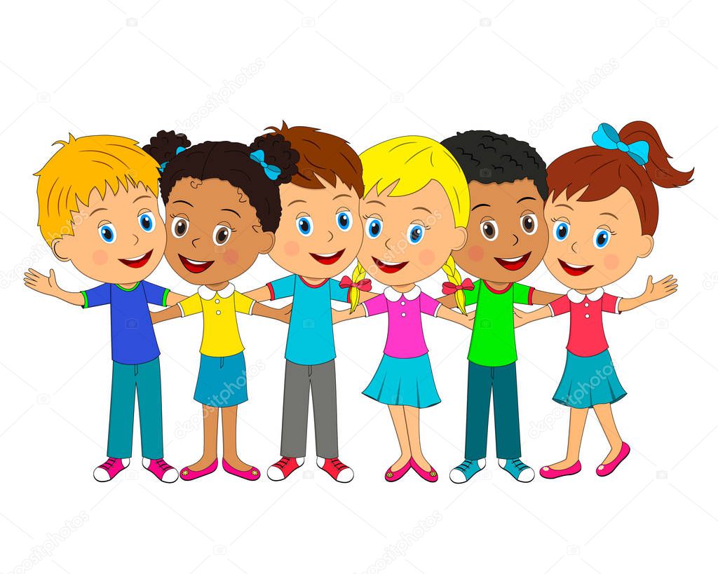 kids,boys and girls are standing and hug each other,illustration,vector