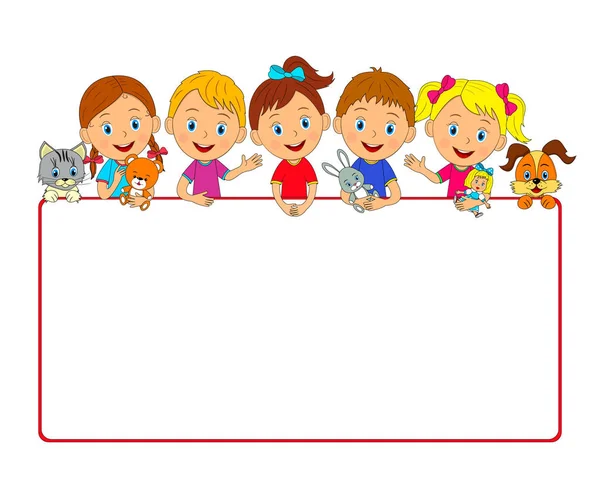 Kinder Jungen Und Mädchen Mit Spielzeug Und Rahmen Illustration Vektor — Stockvektor