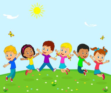 Çocuklar, atlama ve elleri ile yaz arka plan üzerinde gülümseyen kız ve erkek