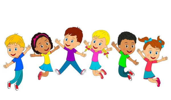 Niños Niños Niñas Saltando Sonriendo Con Las Manos Alto Sobre — Vector de stock