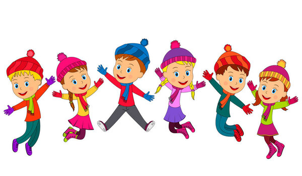 дети, мальчики и девочки прыгают и улыбаются с поднятыми руками на белом фоне
