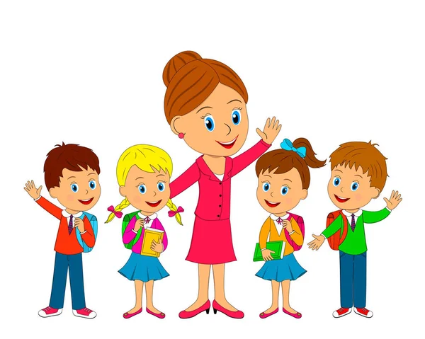 バッグや先生と子供たちが一緒に立っている図 ベクトル — ストックベクタ