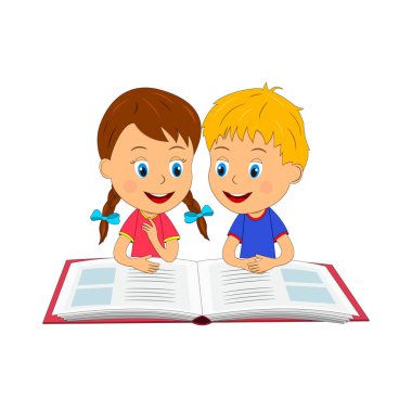 Çocuklar, çocuk ve kız okumak bir kitap, illüstrasyon, vektör