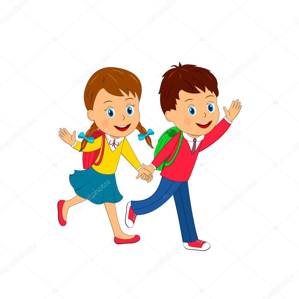 kids, boy and girl are going to school, holding hand and waving