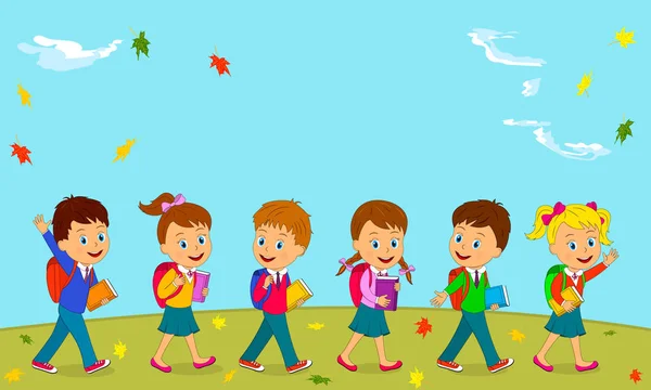 Les Enfants Les Garçons Les Filles Vont École Avec Sac — Image vectorielle