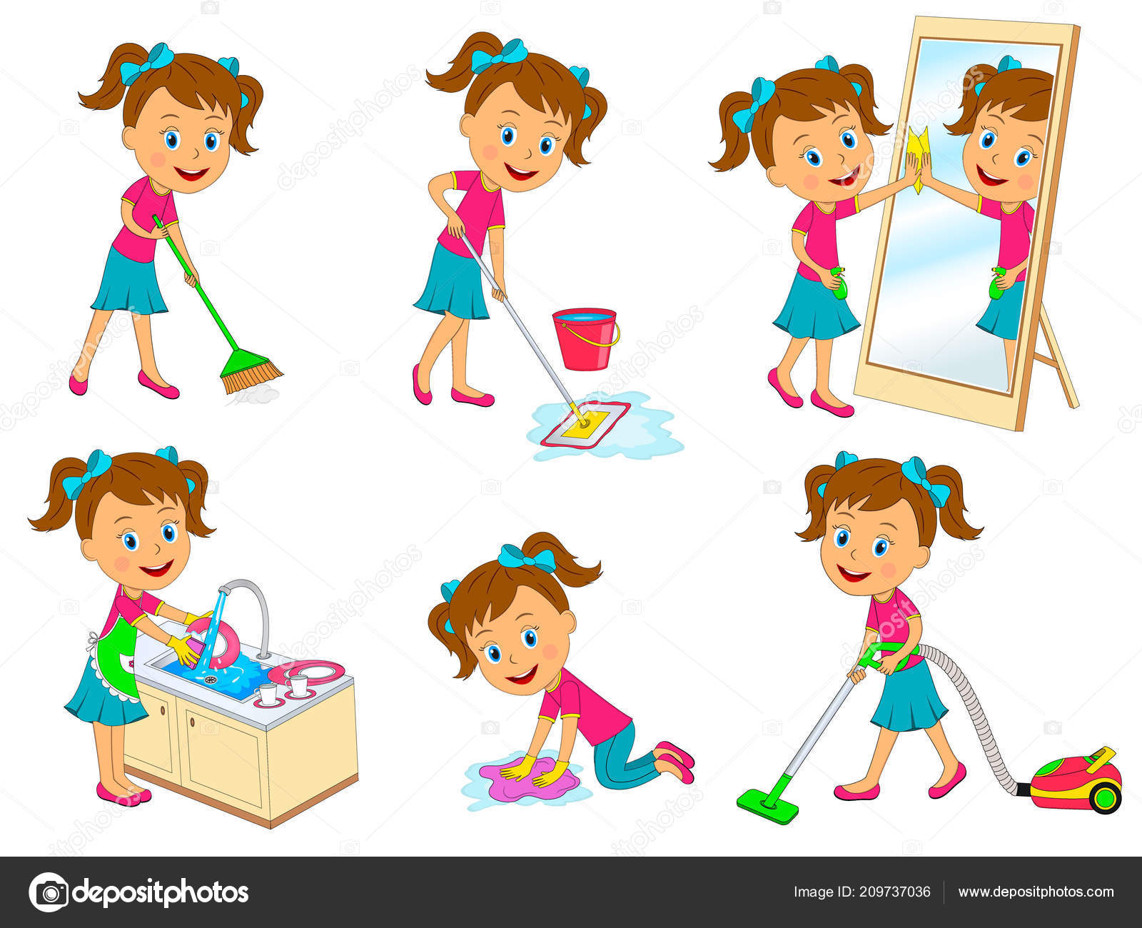 Collection Girl Doing Home Cleaning Sweeping Washing Floor Washing