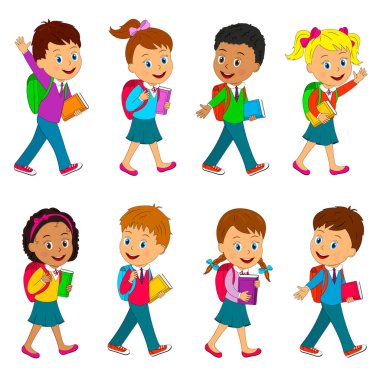Çocuklar, çocuklar ve kız küme koleksiyon, okul çanta ve Kitaplar için gidiyoruz
