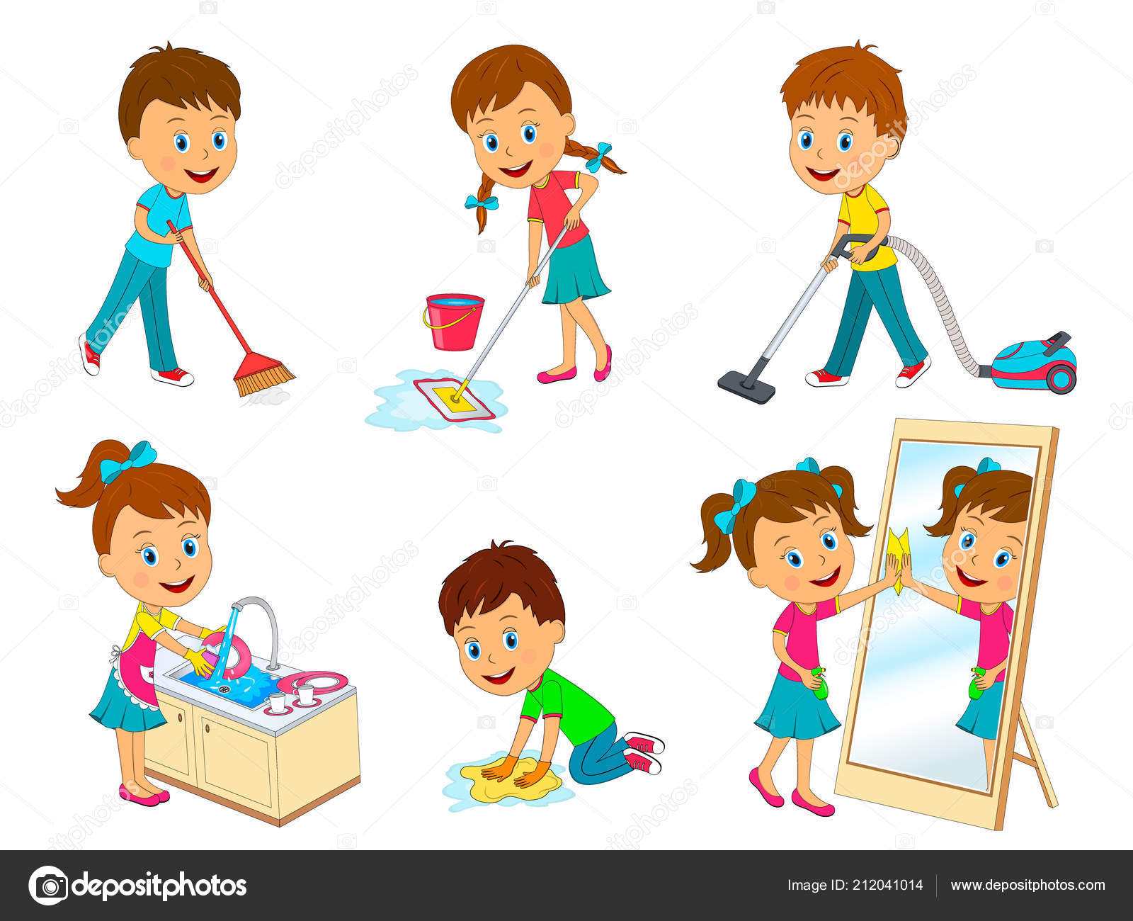 Collection Kidsl Doing Home Cleaning Sweeping Washing Floor