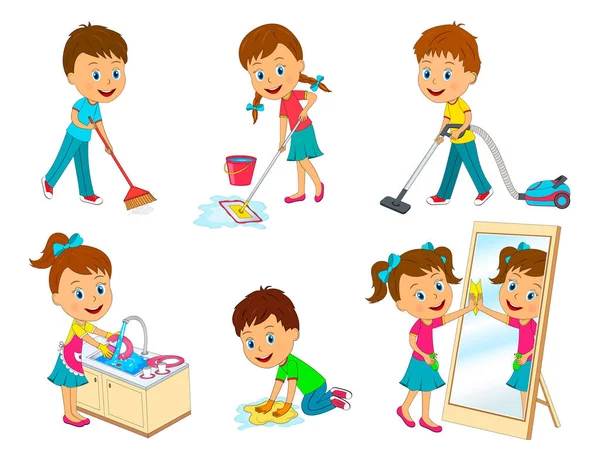 Coleção Kidsl Fazendo Limpeza Casa Varrer Lavar Chão Lavar Pratos —  Vetores de Stock