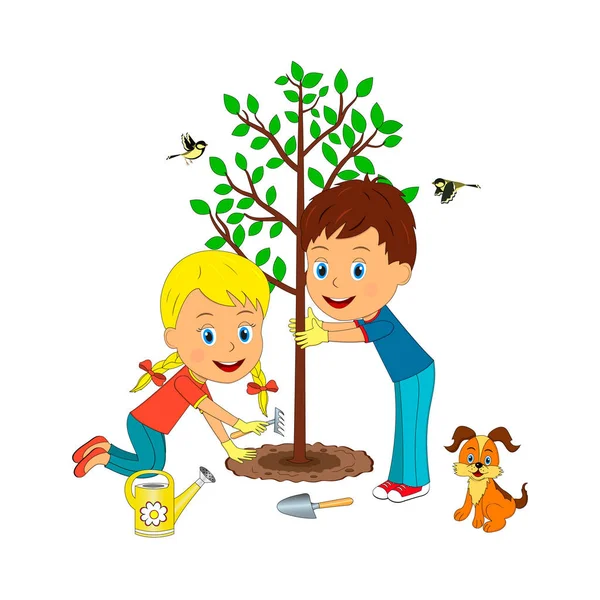 Niños Niño Niña Árbol Plantas Fondo Blanco Ilustración Vector — Archivo Imágenes Vectoriales