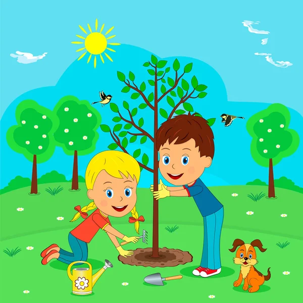 Niños Niño Niña Árbol Plantas Fondo Primavera Ilustración Vector — Archivo Imágenes Vectoriales