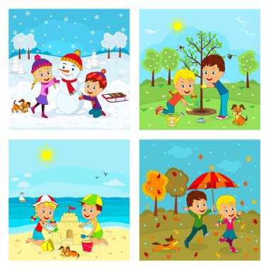 kids,boy and girl at different seasons, illustration,vector