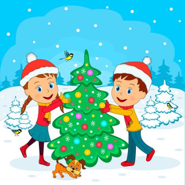 Çocuklar, erkek ve kız çocuk kış dackground, illüstrasyon, vektör Noel ağacı süslemeleri