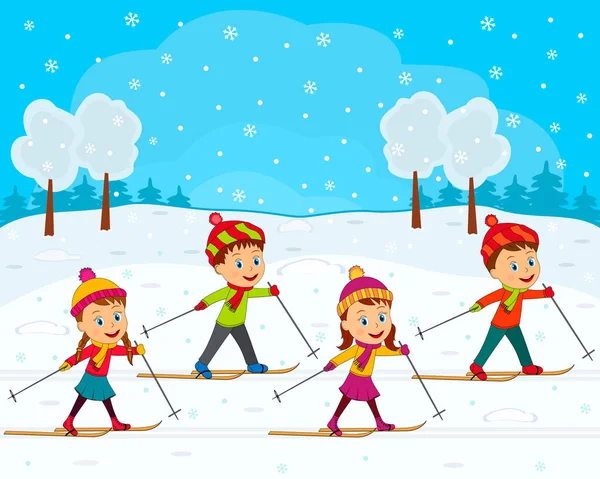 Niños Niños Niñas Esquiando Fondo Invierno Ilustración Vector — Archivo Imágenes Vectoriales
