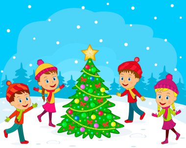Oğlum, kız ve Noel ağacı kış dackground, illüstrasyon, vektör çocuklar,