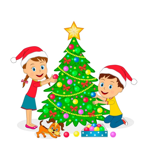 Kids Boy Girl Decorate Christmas Tree White Dackground Illustration Vector — Stock Vector