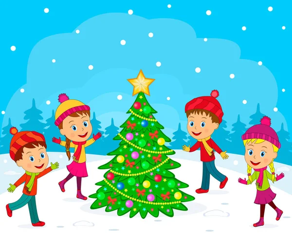 Kids Boy Girl Christmas Tree Winter Dackground Illustration Vector — Stock Vector