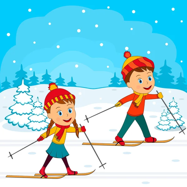 Çocuklar, erkek ve kız Kayak Kış arka plan, illüstrasyon, vektör