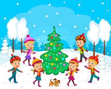 Oğlum, kız ve Noel ağacı kış dackground, illüstrasyon, vektör çocuklar,