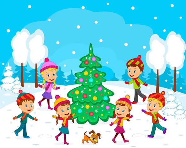 Niños Niño Niña Árbol Navidad Campo Invierno Ilustración Vector — Archivo Imágenes Vectoriales