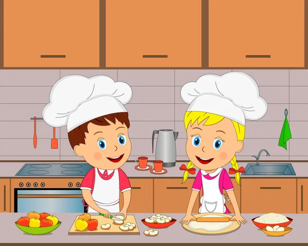 Niños Niño Niña Están Cocinando Cocina Vector Ilustración — Vector de stock