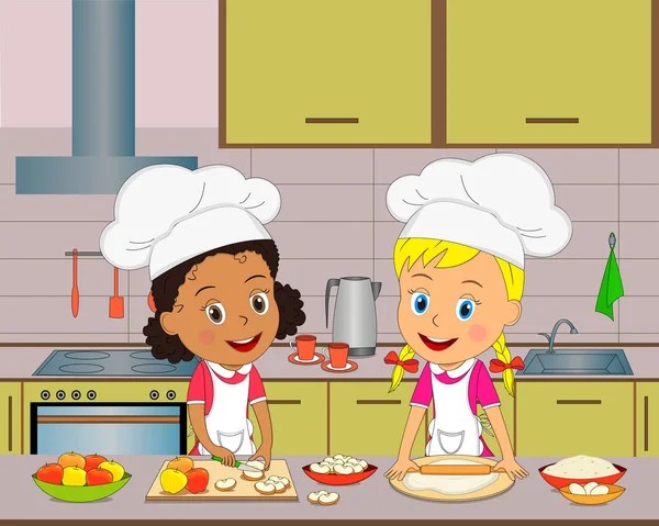 Niños Dos Niñas Cocinan Cocina Ilustración Vector — Vector de stock