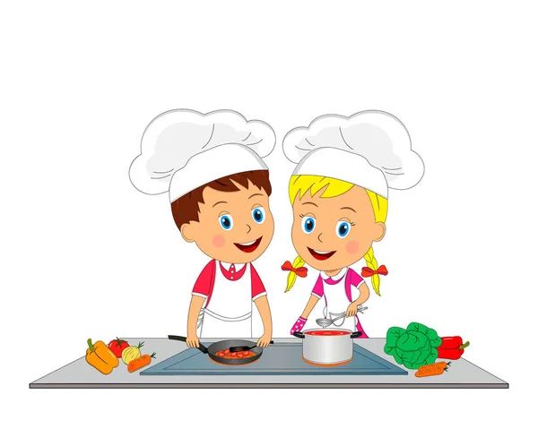 男孩和女孩在白色的背景 例证烹饪膳食 — 图库矢量图片
