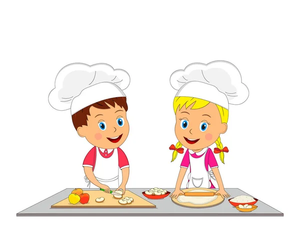 Kinder Junge Und Mädchen Kochen Auf Weißem Hintergrund Vektor Illustration — Stockvektor