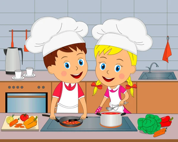 Kinder Junge Und Mädchen Kochen Essen Der Küche Vektor Illustration — Stockvektor