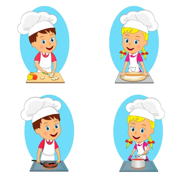 Kids Boy Girl Cooking Meal Collection Vector Illustration — Stock Vector