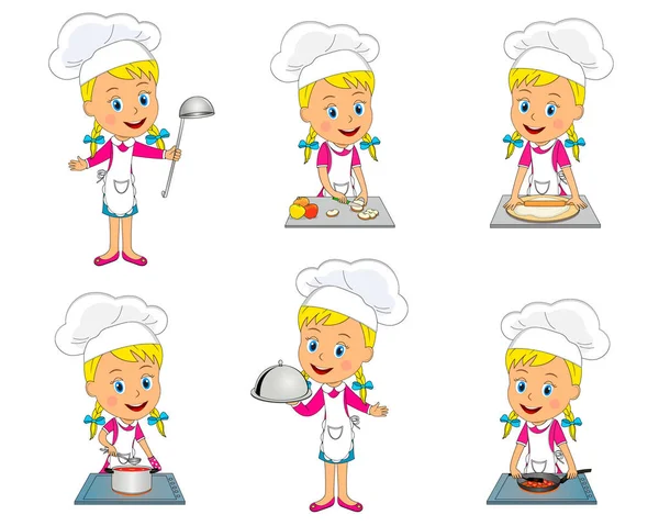 Lkids Little Girl Cooking Collection Vector Illustration — Stock Vector